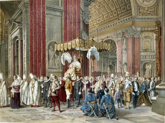 Papa Pio IX (1792-1846) alla cerimonia di apertura del primo Concilio Vaticano nella Basilica di San Pietro, 08/12/1869. Sedia Gestatoria. Illustrazione del periodo.