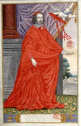 Ritratto del Cardinale Jules Mazarin (Giulio Raimondo Mazzarino o Mazarino) (1602-1661). Ritratto dipinto su pergamena in Jean Puget de La Serre, Panegirico degli uomini illustri del nostro tempo. 1655