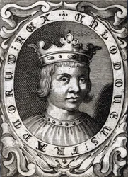 Ritratto di Clodoveo III (? - 695), re di Austrasia. Incisione del XVIII secolo