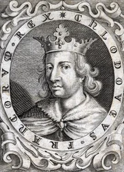 Ritratto di Clodoveo II (? - 657), re di Neustria, Borgogna e Austrasia, incisione del XVIII secolo