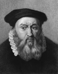 Ritratto di Jean Calvin (1509 - 1564), riformatore religioso e scrittore francese - in "Histoire des Français" di Lavallée, incisione, n.d