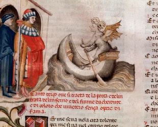 Ritratto del poeta italiano Dante Alighieri che guarda Caronte attraversare l