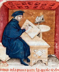 Ritratto del poeta italiano Dante Alighieri che scrive la sua Divina Commedia - Miniatura