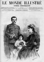 Ritratto del Re di Serbia Milan I (Milan Obrenovich) (1854-1901), è circondato dalla Regina Nathalie e dal suo erede al trono, il Principe Alessandro, in "The Illustrous World 1885"