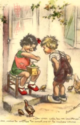 Cartolina, kitsch, due bambini con un macinino da caffè, ragazza e ragazzo