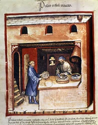 Preparazione di pesce marino in aceto. Miniatura dal "Tacuinum sanitatis"