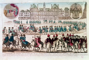 Processione in occasione della Cerimonia di Pubblicazione della Pace davanti al Municipio (Place de Greve). Incisione del XVIII secolo B.N. Parigi