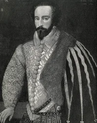 Sir Walter Raleigh (1554-1618). Marinaio, esploratore e broker inglese. Ritratto di Sir Walter Raleigh. Inciso nel 1891, eseguito dopo un originale anonimo conservato alla National Portrait Gallery di Londra. Incisione