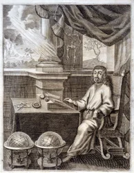 René Descartes (1596 - 1650) nel suo ufficio con attrezzature scientifiche. Incisione del XVII secolo