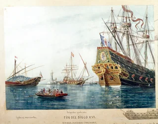 Rappresentazione di navi italiane, galee, brigantini del XVI secolo
