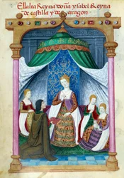 Rappresentazione della regina Isabella del Portogallo circondata dai suoi compagni e Pedro Marcuello che le offre il suo libro