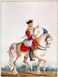 Rappresentazione di un moschettiere francese del periodo di Luigi XV. Gouache del XVIII secolo