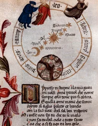Rappresentazione del poeta italiano Dante Alighieri e del sistema tolemaico - Miniatura