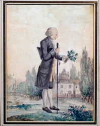 Rappresentazione del filosofo Jean Jacques Rousseau (1712-1778) che raccoglie fiori a Ermenonville. Acquerello del 18° secolo. Parigi, Museo Carnavalet