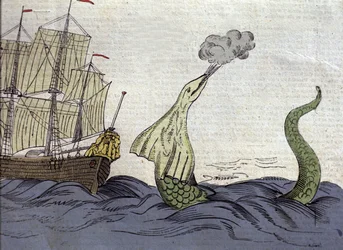 Rappresentazione del serpente marino visto dal missionario norvegese Hans Egede (1686-1758) durante il suo viaggio in Groenlandia. Incisione del XVIII secolo