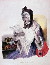 Rivoluzione 1830: "Encore des revolutions" grida una vecchia leggendo la Gazette de France - incisione