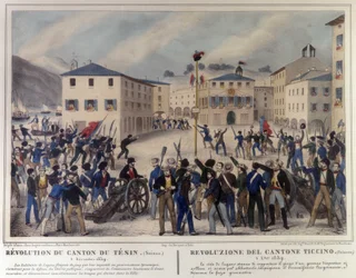 Rivoluzione del Canton Ticino in Svizzera il 5 dicembre 1859. Incisione del XIX secolo