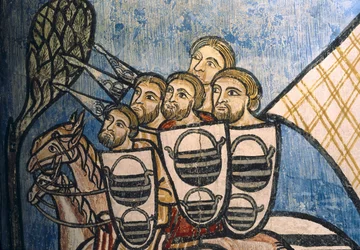 SPAGNA. CASTIGLIA E LEON. Valladolid. Monastero di San Bernardo de Valbuena. Gruppo di soldati cristiani a cavallo. Scuola castigliana. XIV secolo. Affresco sulla 