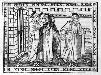 San Pietro condotto per mano Savonarola (Girolamo Savonarola) (1452 - 1498) - in “Compendium of Revelatione”, incunabolo del 23/4/1496