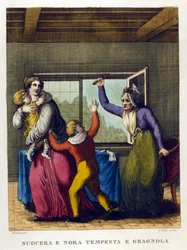 Detti: "Bella madre e figlia, tempesta e grandine". Illustrazione da una raccolta di proverbi del XVIII secolo