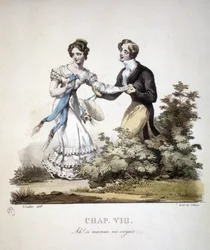 Scena di amore cortese tra due giovani. ca. 1820