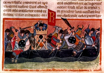 Scena di battaglia navale. Miniatura da un codice francese su pergamena Fatti dei Romani che racconta la storia antica fino a Giulio Cesare. XIII secolo Venezia, Biblioteca Marciana