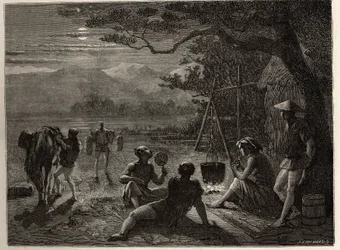 Scena di riposo del paese, al chiaro di luna, i tappeti sono eretti a terra dopo la giornata di lavoro. Incisione per illustrare il viaggio in Giappone nel 1863-1864, di Aime Humbert, ministro della Confederazione Svizzera, in "Le tour du monde, nouveau jo