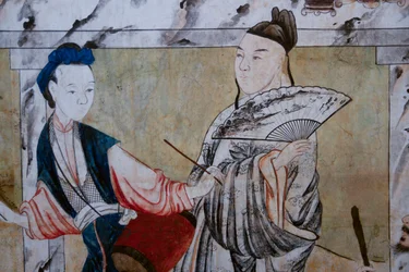 Scene di vita quotidiana in Cina (dettaglio della carta da parati cinese, gabinetto cinese, residenza di caccia, di Filippo Juvarra, Stupinigi, Piemonte, Italia)