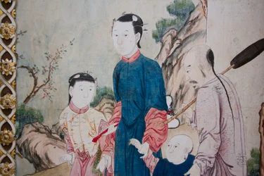 Scene di vita quotidiana in Cina (dettaglio della carta da parati cinese, gabinetto cinese, residenza di caccia, di Filippo Juvarra, Stupinigi, Piemonte, Italia)