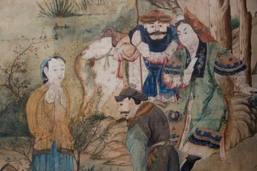 Scene di vita quotidiana in Cina (dettaglio della carta da parati cinese, gabinetto cinese, residenza di caccia, di Filippo Juvarra, Stupinigi, Piemonte, Italia)