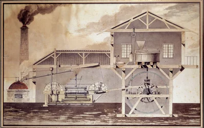 Scienza e tecnologia: una macchina a vapore, tagliando un mulino a farina. Disegno di Edouard Bury. 1796