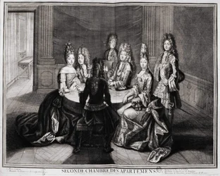 Seconda stanza degli appartamenti (Versailles): 1. Monsignore, 2. Madame Principessa di Conty Vedova, 3. Monsieur il Duca di Borbone, 4. Madame la Duchessa di Borbone, 5. Monsieur de Vendôme, Gran Priore di Francia. Incisione di Trouvain, inizio 18° secolo