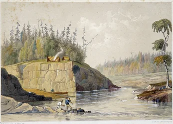 Coloni in Canada che pescano in un fiume - in "Schizzi sul nipisaguit, un fiume del New Brunswick in America" di William Hickman, ed. Halifax