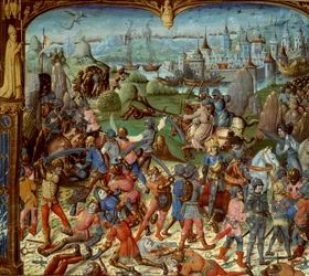 Settima crociata (1248-1254). Luigi IX (San Luigi) (1215-1270), Re di Francia, con i crociati dopo essere stati sconfitti dai Saraceni a Mansourah nel 1250. Si ritirarono dietro le torri di Damasco. Luigi IX e i suoi due fratelli sono fatti prigionieri