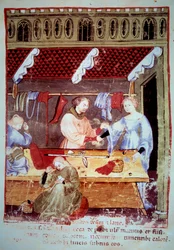 Negozio e laboratorio di cucito. Miniatura dal Tacuinum sanitatis
