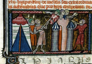 Assedio di un castello. Miniatura da un manoscritto del XIII secolo. Milano, Biblioteca Trivulziana