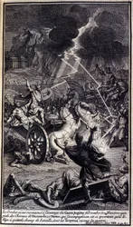 Da quando la lotta era ricominciata a favore dei Greci, Giove lasciò cadere il suo tuono ai piedi dei cavalli di Diomede; e Nestore, che lo accompagnava, fu così terrorizzato che lo costrinse a lasciare il campo di battaglia, di cui i Troiani rimasero