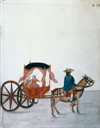 Donne spagnole in una carrozza trainata da un indiano, dal libro "Trujillo del Peru" o "Códice Martínez Compañón", di Baltazar Martinez Compañón y Bujanda, vescovo di Trujillo (1782-1785)