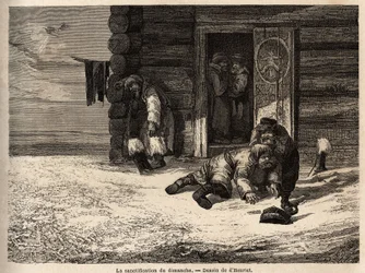 Santificazione della domenica con liquore di cumino, lavoratori di Dorpat. Disegno di Henriet, per illustrare il suo viaggio nelle province baltiche russe nel 1851-54. Incisione in 