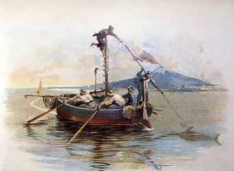 Pesca al pesce spada con arpione nello stretto di Messina in Sicilia. Acquerello, 1898