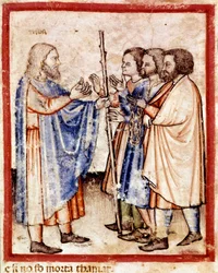 Tamar presenta a Giuda il sigillo, la corda e il bastone che aveva lasciato come garanzia, miniatura dal codice 212 (o padovano o Bibbia di Padova) 1390-1400