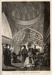 Tartari in preghiera, nella Moschea di Schusha (Transcaucasia, Russia). Incisione per illustrare il viaggio nelle province del Caucaso, di Basile Vereschaguine, nel 1864-1865, pubblicato in “le tour du monde”, sotto la direzione di D