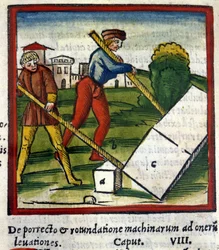 La leva di Archimede (287 a.C. - 212 a.C.) in De architectura di Vitruvio. 1630. Trivulziana, Milano.