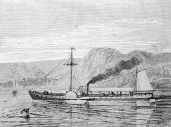 Il Clermont, una barca costruita nel 1807 da Robert Fulton per fornire il collegamento New York - Albany sul fiume Hudson. Incisione XIX secolo