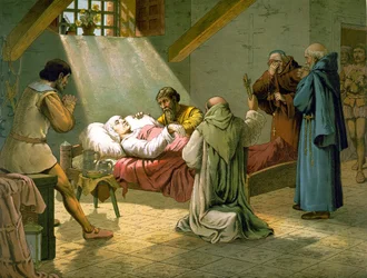 La morte di Cristoforo Colombo 20/05/1506. Incisione a colori del XIX secolo