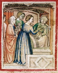 La morte di Rachele a Layers Miniatura dal codice 212 (o padovano o Bibbia di Padova) 1390-1400 Rovigo, Accademia dei Concordi