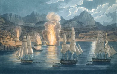 Gli inglesi distruggono le navi francesi nella baia di Sagone, Corsica il 30 aprile 1811