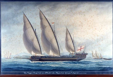 Le galee genovesi Raggia e San Giorgio inseguono il chebec algerino Uccello. 11 agosto 1788. Dipinto