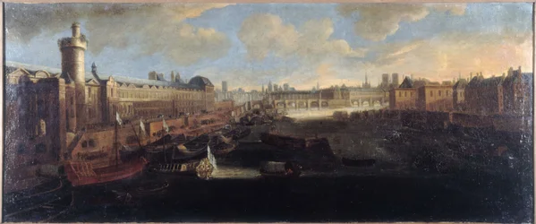 La Grande Galerie del Louvre, con la Porte Neuve, il Pont-Neuf, la Cité, il collegio dei Quatre-Nations in costruzione e il Quai Malaquais, circa 1665, sulla Senna la galera reale, attuali 1° e 6° arrondissement, tra il 1660 e il 1665