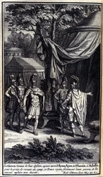 I Greci, stupiti dalla loro sconfitta, inviano Ulisse, Aiace e Fenice da Achille per pregarlo di tornare al campo. Questo principe respinge orgogliosamente le loro preghiere e poi li rimanda indietro duramente. Illustrazione del libro IX dell